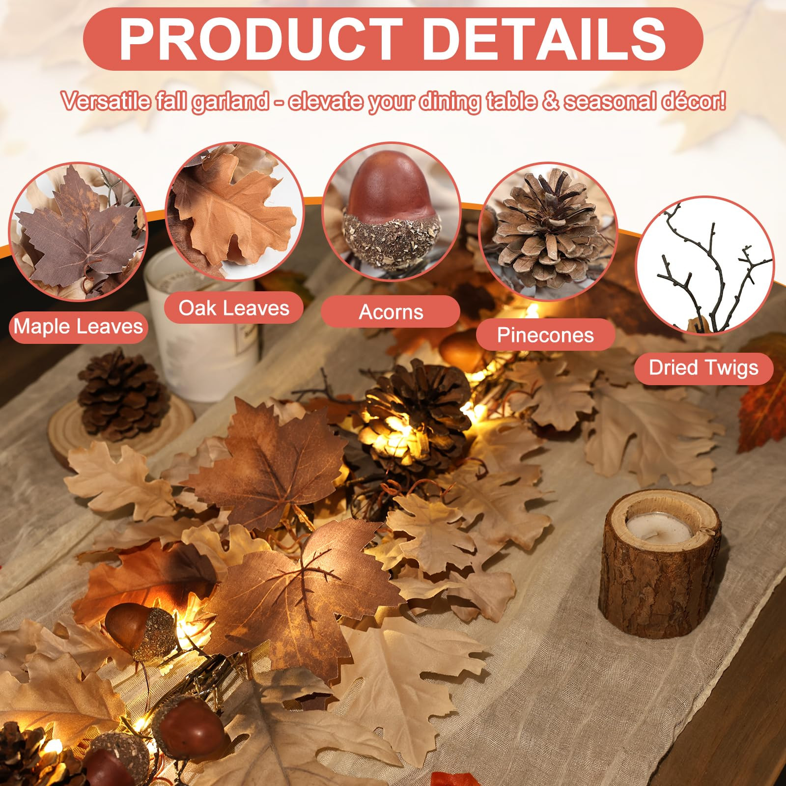 Fall Garland - 6 Ft Maple Leaf Garland with Pinecones - Fall Acorn Leaf Garlands with 30 Warm Lig... | Amazon (US)