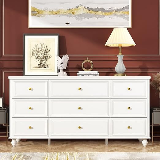 FAMAPY Chest of Drawers White Dresser 9 Drawer Dresser Contemporary Modern Dresser, Gold Metal Ha... | Amazon (US)
