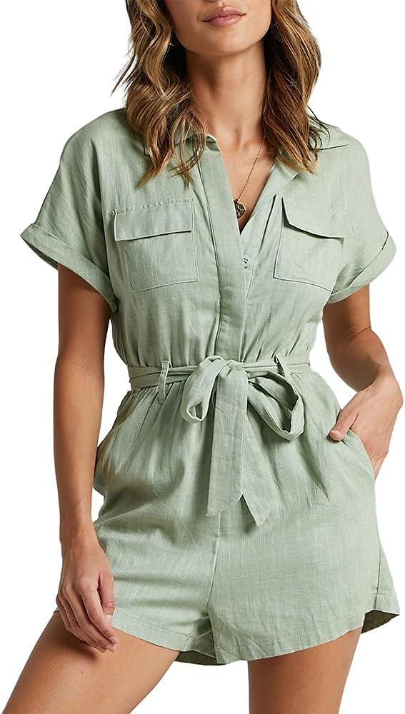 MIRACMODA Women Playsuit Short Sewn Cuffed Sleeves Collared Belted Pocket Button Rompers | Amazon (US)