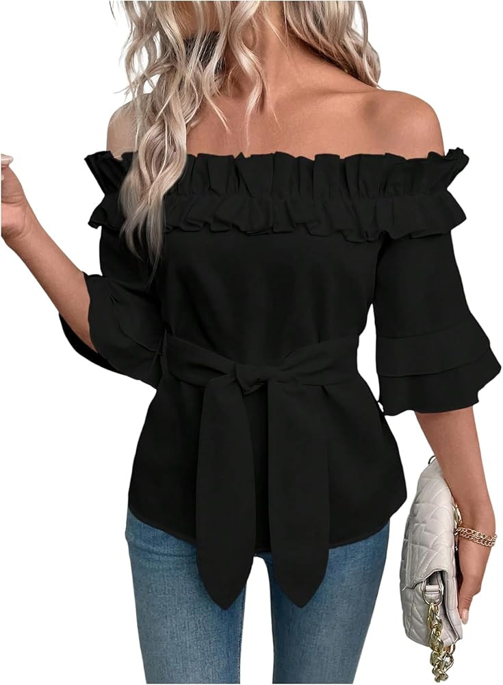 Women's Off The Shoulder Tops Summer Ruffle Half Sleeve Belted Blouses Going Out Outfits | Amazon (US)
