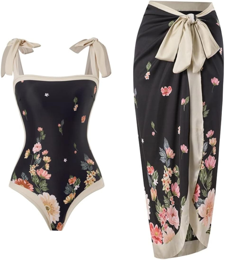 Women Swimsuits Abstract Printing Notched Square/V Neck Floral Vacation One Piece with Cover Up | Amazon (US)