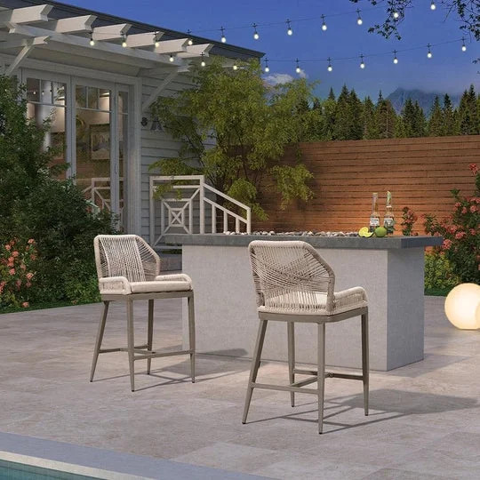 PURPLE LEAF Outdoor Woven Back and Cushions Bar Stools Set of 2, Light Grey | Walmart (US)
