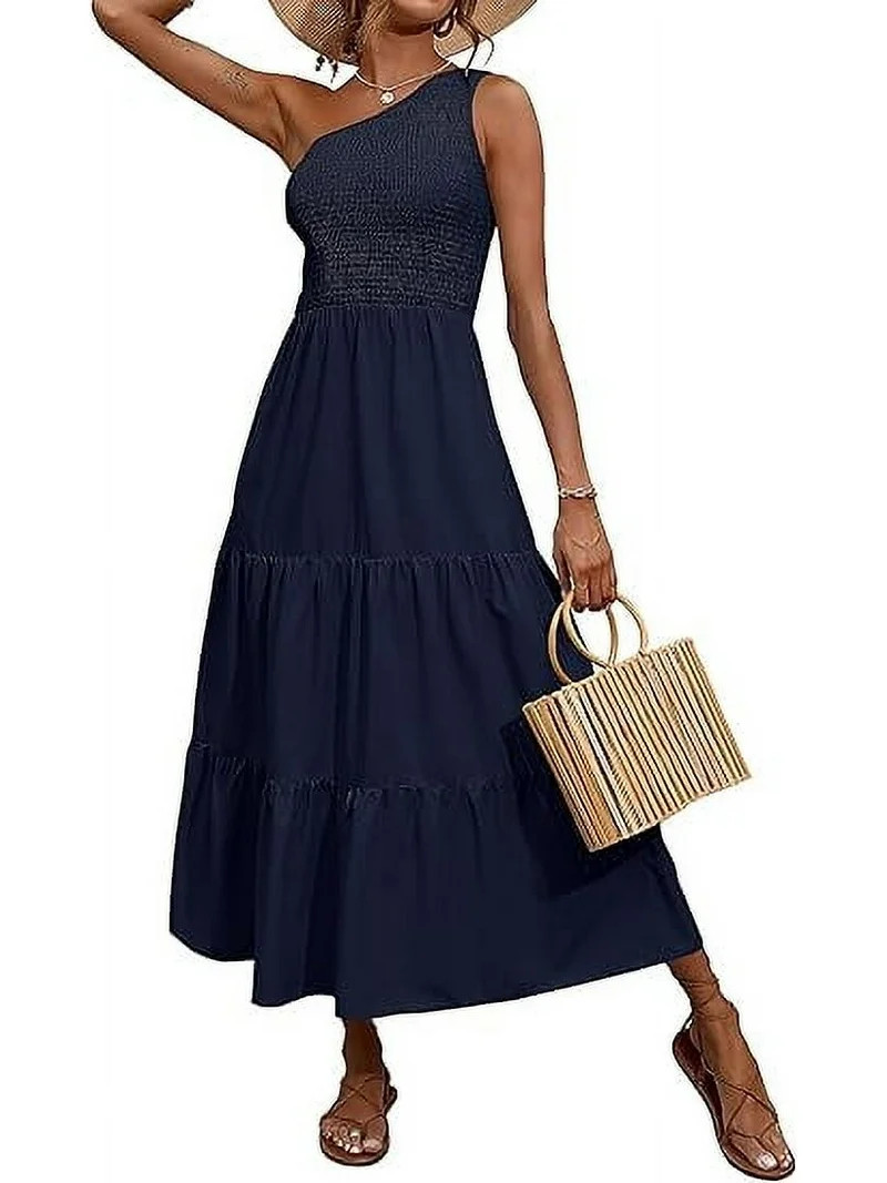 FreshPretty Summer One Shoulder Dresses for Women Casual Sleeveless High Waist Floral Flowy Smock... | Walmart (US)