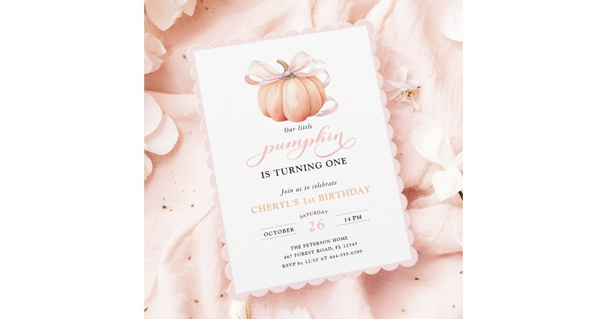 Pink Orange Pumpkin Bow Girl First Birthday Invitation | Zazzle | Zazzle
