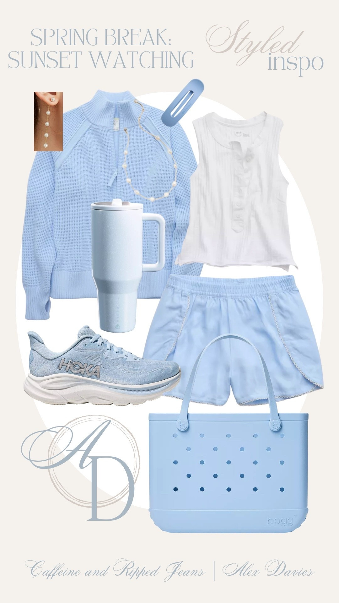 // spring break outfit inspo // sunset watching spring break outfit // spring break outfit inspiration // blue hokas // blue bogg bag // hydrojug // pearl jewelry // 

#LTKootd #LTKgrwm #LTKTravel
