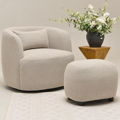 KINWELL 34" Wide Boucle Swivel Barrel Chair with 23" Ottoman Set, Fully Assembled Set of Sherpa Accent Chair and Footrest, Modern Comfy Armchair and Footstool for Living Room and Bedroom, Taupe | Amazon (US)