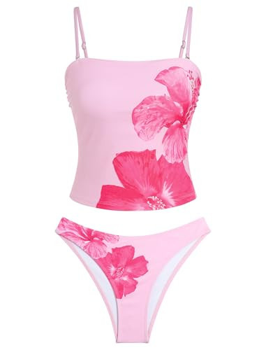 ZAFUL Women's Floral Tankini Swimsuits Bandeau Tummy Control High Cut Tankini Set Two Piece Bathing Suit(1-Pink Flower, S) | Amazon (US)