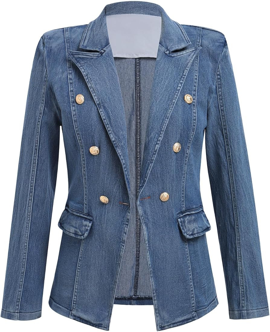 IBAKOM Denim Blazer Suit for Women Notch Collar One Button Office Lady Business Work Outfits Lape... | Amazon (US)