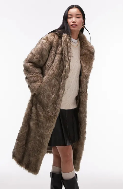 Topshop Faux Fur Longline Coat in Light Brown at Nordstrom, Size Large | Nordstrom