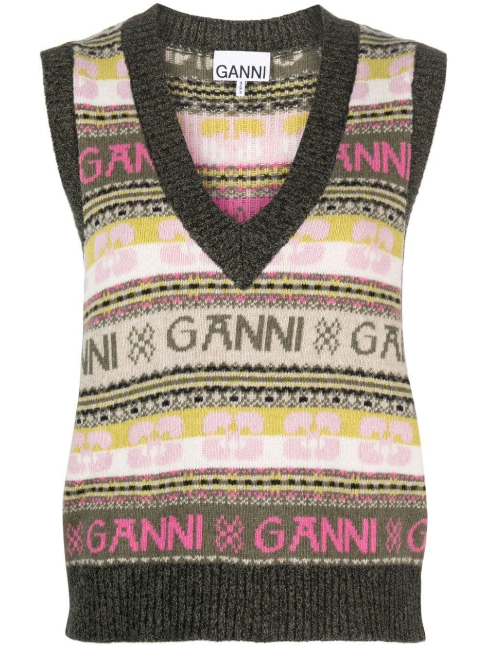 GANNI Ribbed V-neck intarsia-knit Vest - Farfetch | Farfetch Global