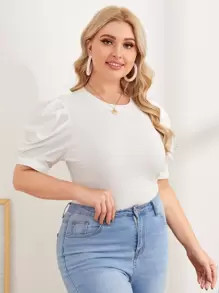 SHEIN Plus Puff Sleeve Rib-knit Top | SHEIN