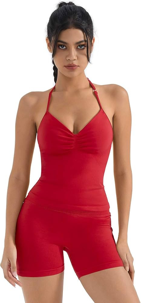 SUUKSESS Women Halter Backless Sports Bra Seamless Padded Ribbed Workout Set Gym Yoga Bra | Amazon (US)