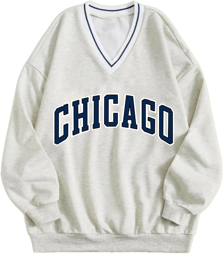 Remidoo Womens New York Embroidered V Neck Sweatshirt Oversized Long Sleeve Pullover Top | Amazon (US)