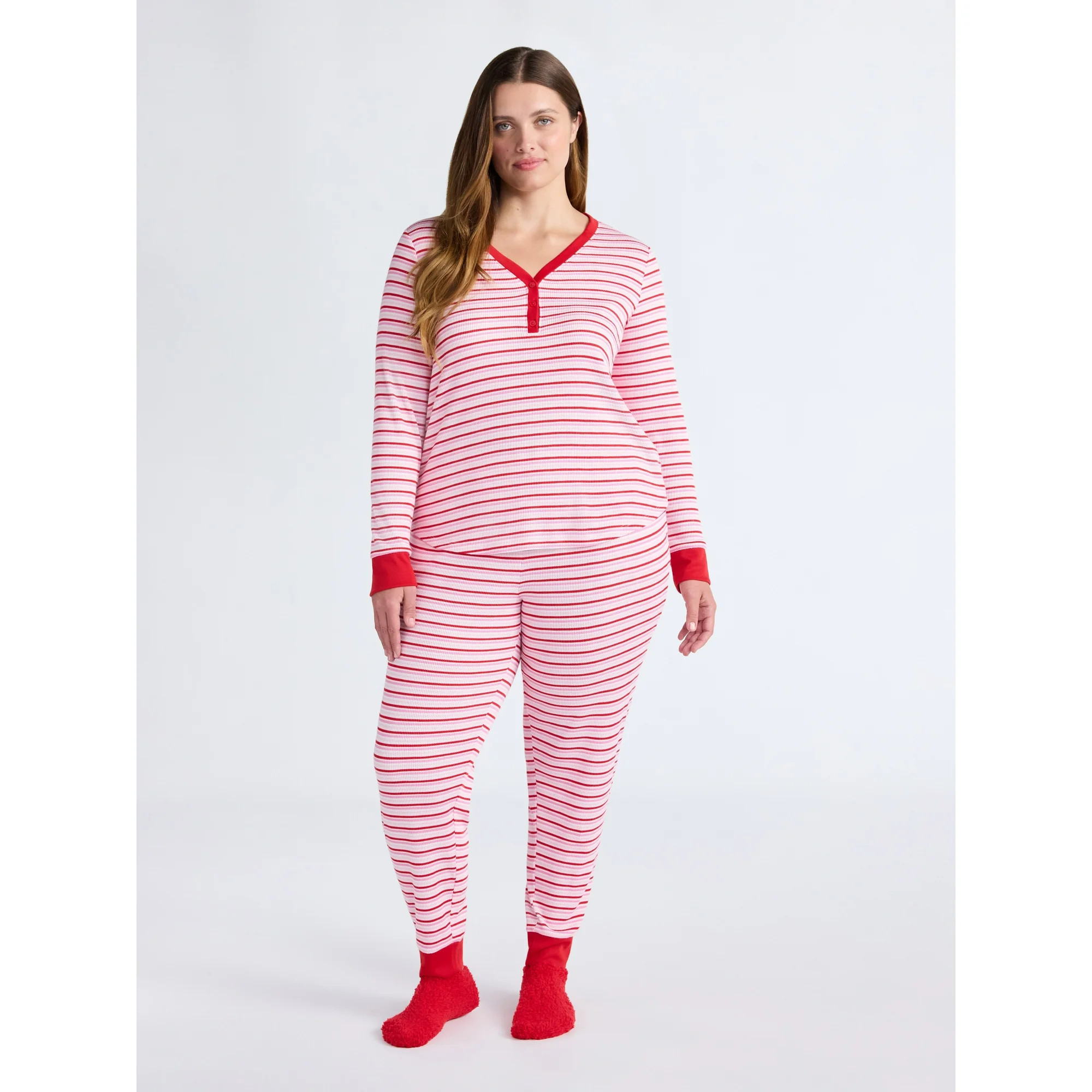 Joyspun Women's Waffle Knit Henley Sleep Top, Joggers and Socks Pajama Set, 3-Piece, Sizes XS-3X | Walmart (US)