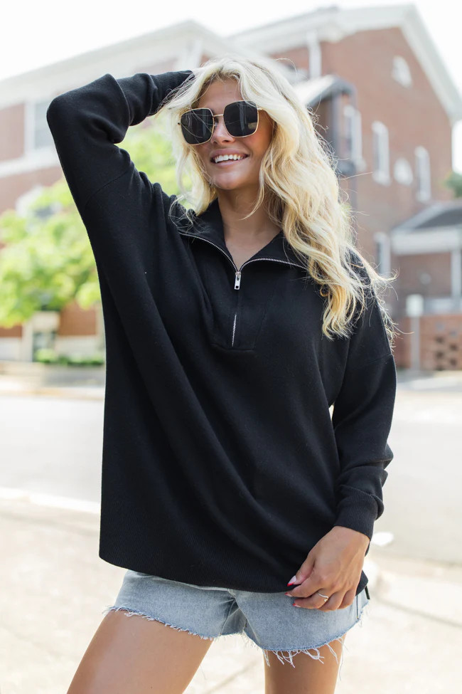 Pulling Heartstrings Black Quarter Zip Pullover | Pink Lily