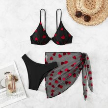 Heart Print Underwire Bikini Swimsuit With Beach Skirt | SHEIN