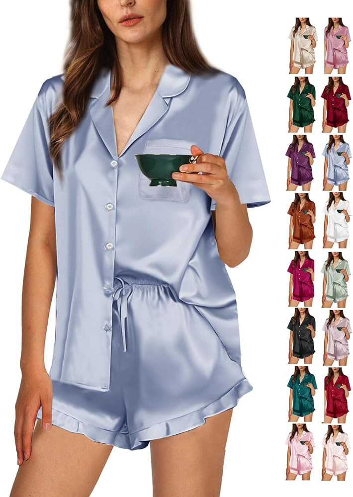 Ruffle Pajama Sets For Women XS-4XL Womens Silk Satin Pajamas Set Silky Sleepwear Pj Sets Nightwe... | Amazon (US)