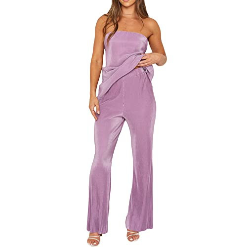 Sexy Two Pieces Pants Set for Women Y2K 2Pcs Matching Set Strapless Tube Top Pleated Wide Leg Flare Pants Suit (A Purple, L) | Amazon (US)