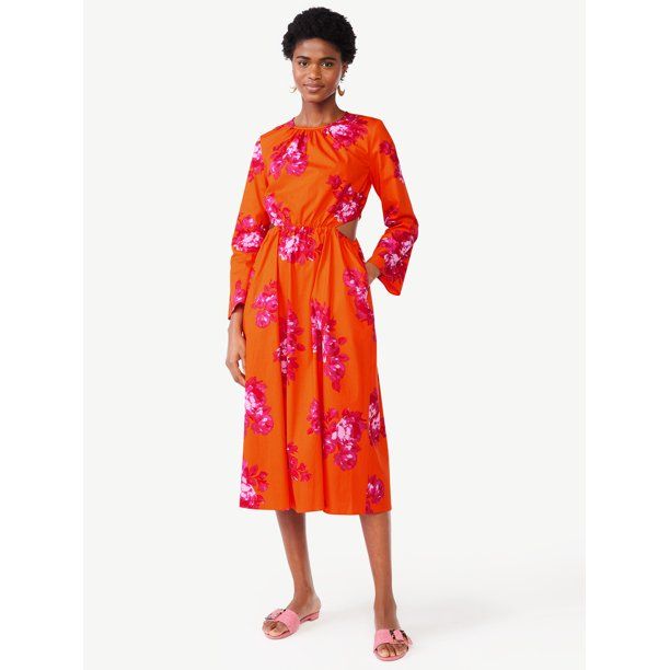 Scoop Women's Side Cut Out Midi Dress with Long Sleeves, Sizes XS-XXL - Walmart.com | Walmart (US)