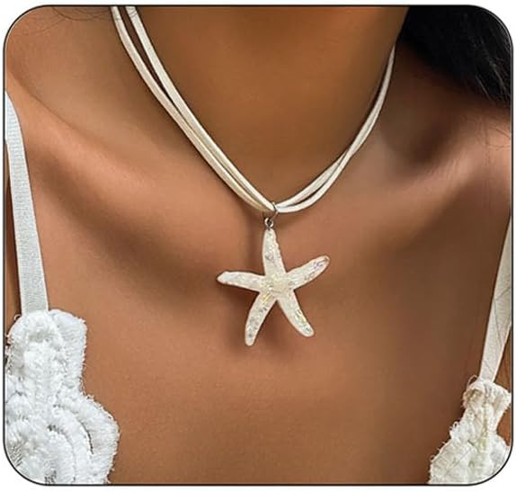Rrdaily Starfish Fringe Necklace,Boho Layered Starfish Pendant Choker White Velvet Necklace Summe... | Amazon (US)