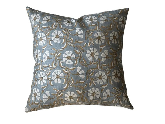 DOTTIE BLUE  Grey Blue Handblock Floral Designer Pillow - Etsy | Etsy (US)