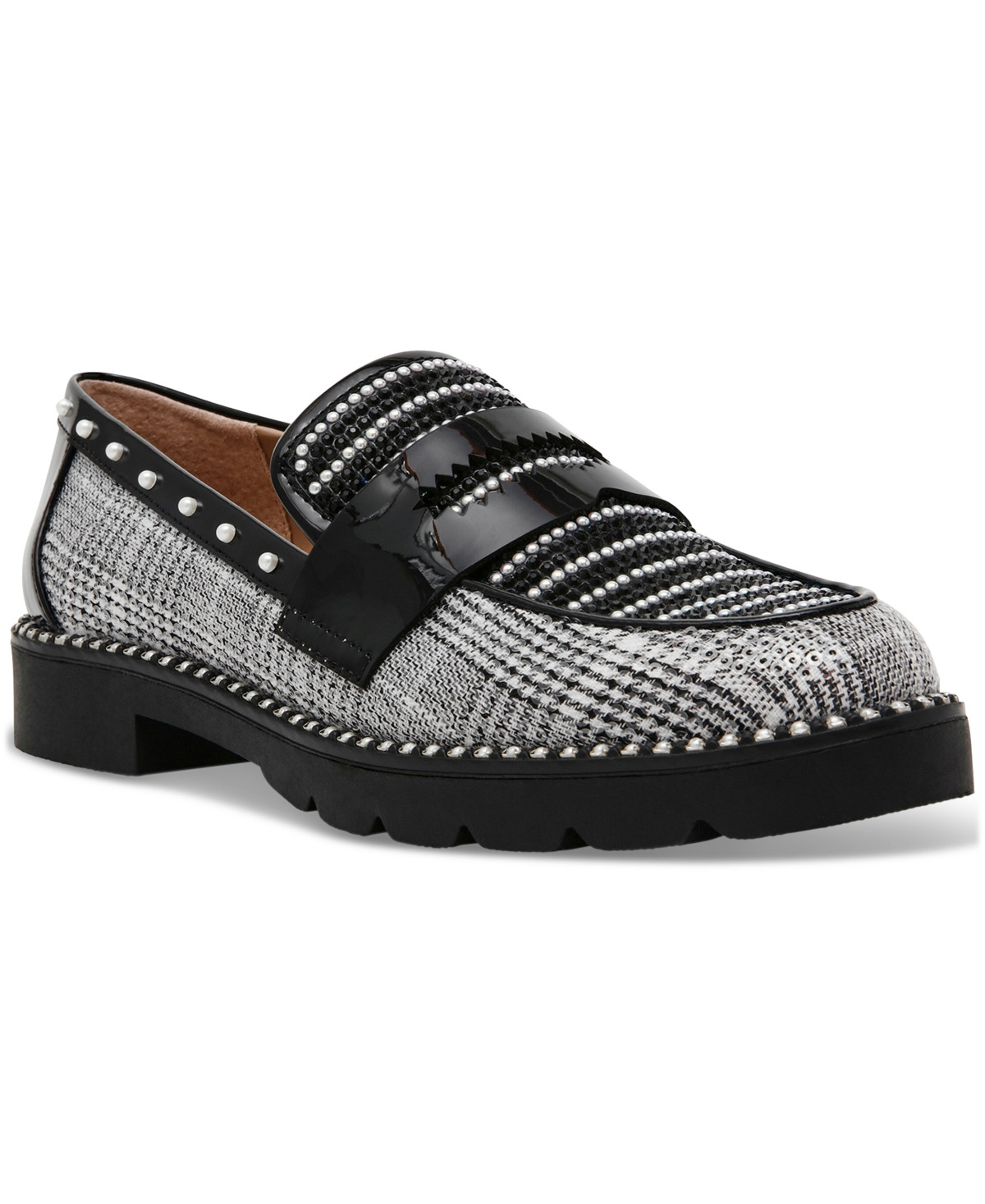 Betsey Johnson Women's Darian Pearl-Embellished Tailored Lug-Sole Loafers - Black/White Houndstooth | Macy's