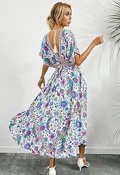 R.Vivimos Women Summer Print Deep V Neck Cotton Beach Long Dresses | Amazon (US)