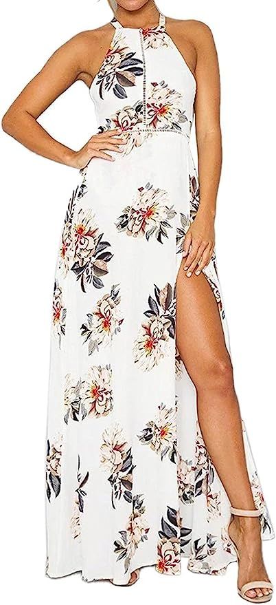 ZESICA Women's Halter Neck Floral Print Backless Split Beach Party Maxi Dress | Amazon (US)