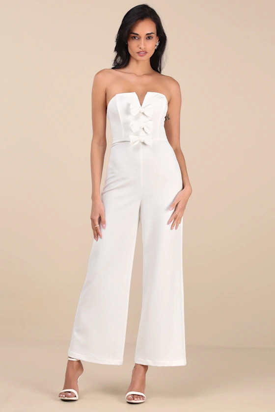 Opulent Outlook White Bow Strapless Wide-Leg Jumpsuit | Lulus