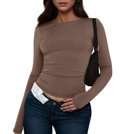 bbyeadc Brown Long Sleeve Shirts for Women Crew Neck Strechy Going Out Tops Spring Fall Winter Casual Basic Fitted Clothes Pullover Brown S | Walmart (US)
