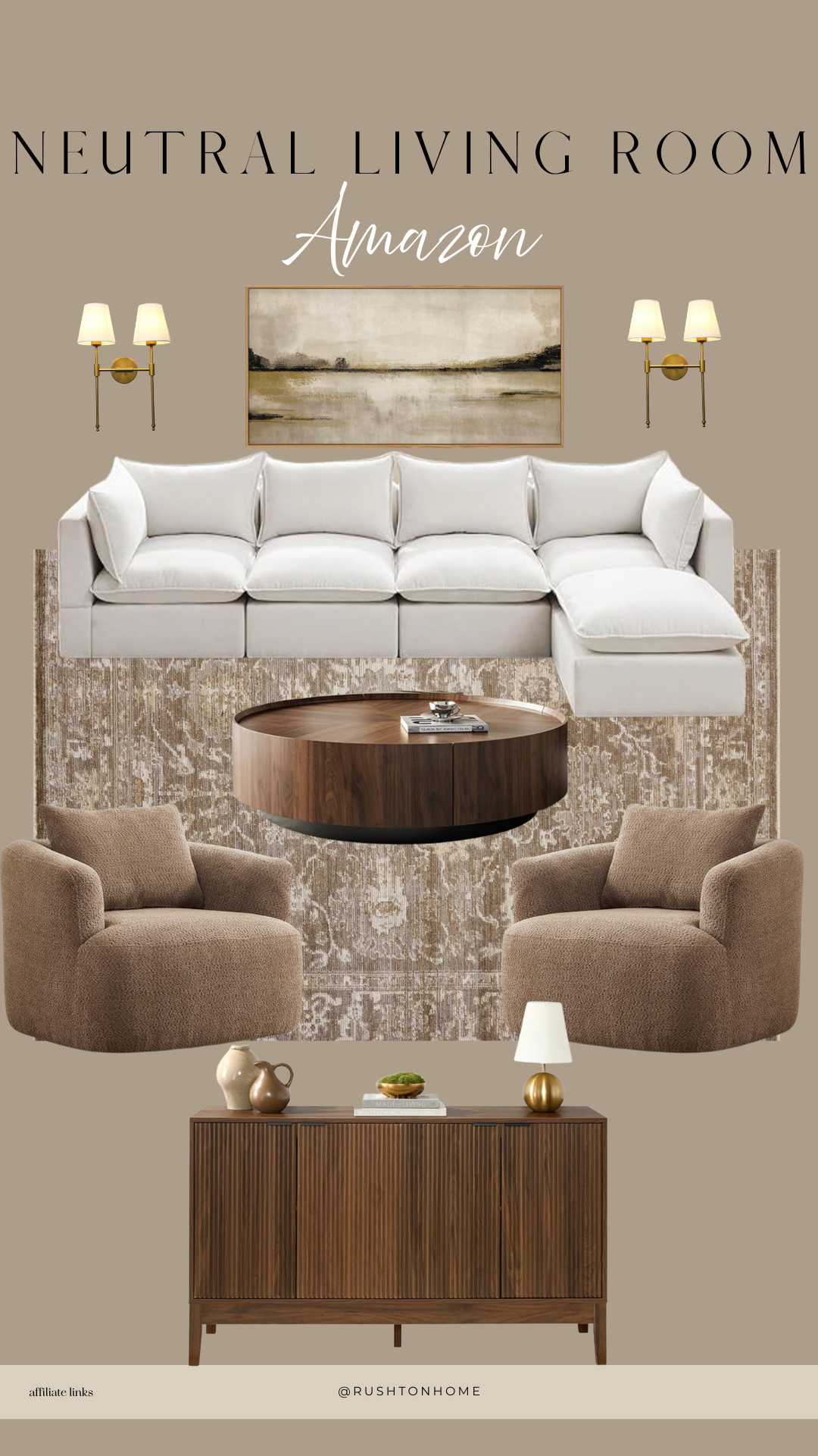 Amazon neutral living room, modern neutral decor, cozy living room ideas, boucle swivel chairs, white sectional sofa, wood coffee table, fluted sideboard, wall sconces Amazon, textured area rug, organic modern design, Amazon furniture finds, timeless living room style, minimalist home decor, neutral palette inspiration, sophisticated home design 

 #LTKHome #LTKStyleTip