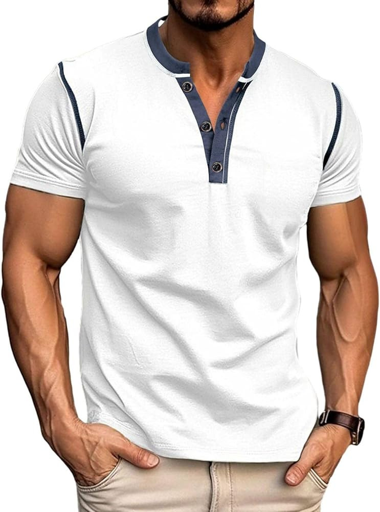 Men's Casual Henley Shirts Classic Button Cotton Short Sleeve T-Shirt Summer Basic Solid Lightwei... | Amazon (US)