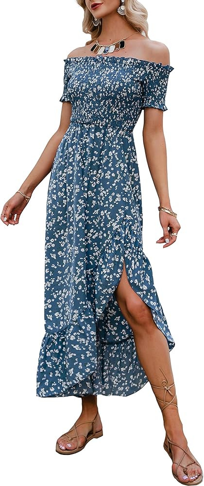 Vintagton Women’s Embroidered Off The Shoulder White Ruffle Maxi Dresses Boho Long Dress | Amazon (US)