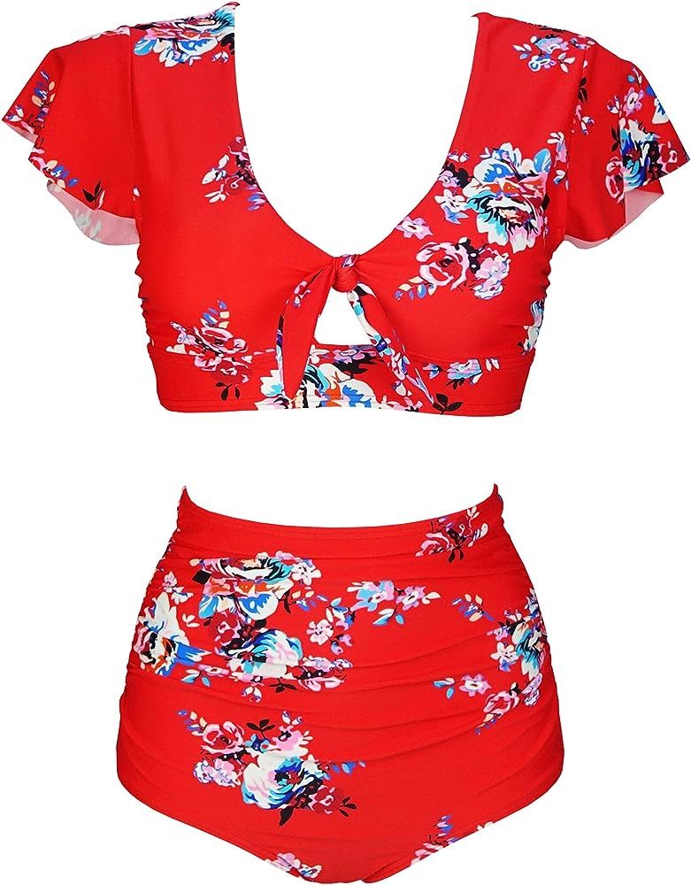 COCOSHIP Women's Retro Floral High Waisted Shirred Bikini Set Tie Front Short Sleeve Top Ruffle S... | Amazon (US)