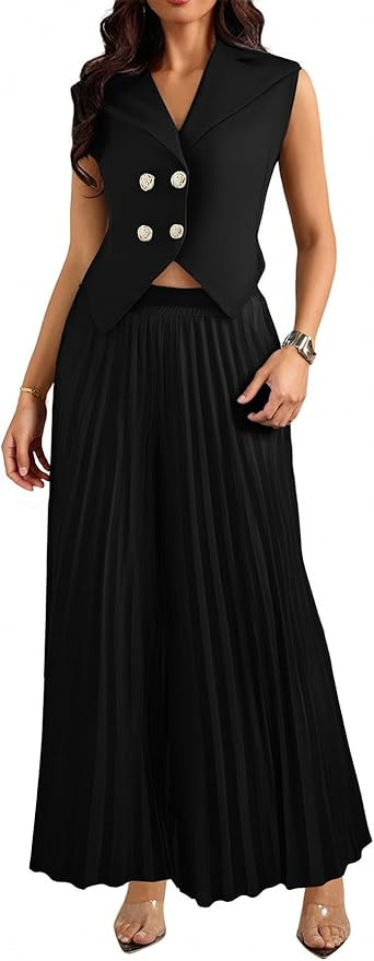 Women's 2 Piece Outfits Collared Neck Button Down Crop Vest and Wide Leg Pants Set | Amazon (US)