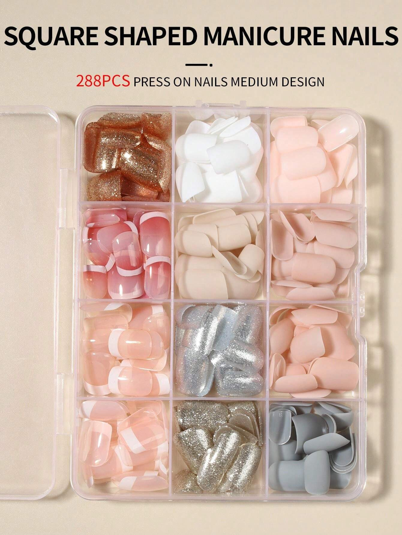 288pcs(12mixed) Short Square Solid Matte & Glitter Colors Acrylic Nail Tips Full Cover False Nail... | SHEIN