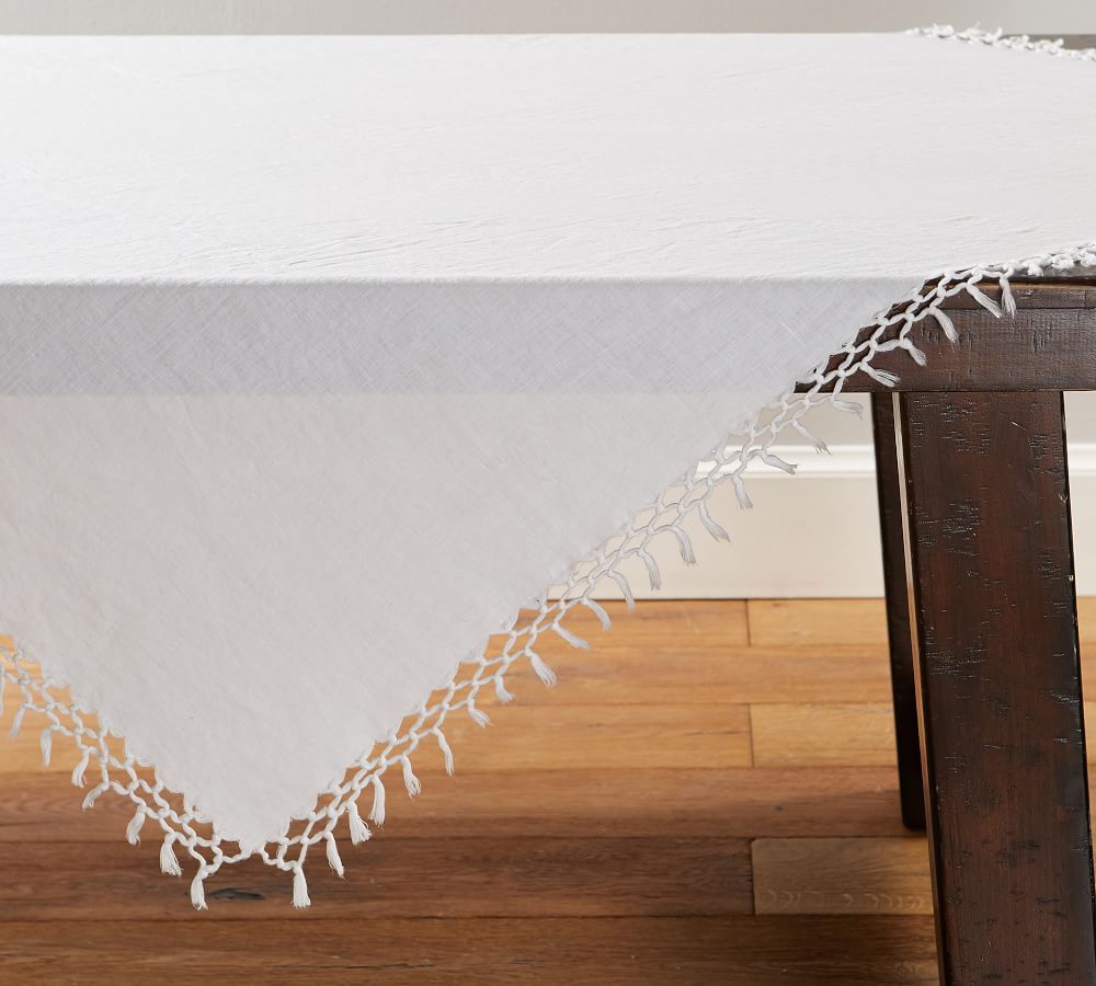 Belgian Linen Fringe Knotted Table Throw, White - 50&amp;quot; x 50&amp;quot; | Pottery Barn (US)