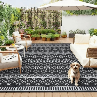 8'x10' Black/White Outdoor Modern Reversible Rugs for Patio Camping, Waterproof UV Resistant Plastic Straw Rug RV Mat for Balcony Backyard Deck | Target