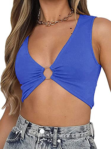 Women Sexy Y2k Crop Top Corset Like Going Out Top Deep V Neck Sleeveless Workout Rave Festival Party Top Bra Cowgirl Costume Country Concert Outfits Royal Blue S | Amazon (US)