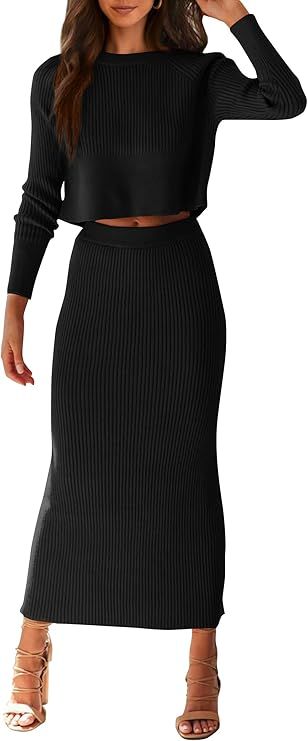 PRETTYGARDEN Womens 2 Piece Rib Knit Long Sleeve Crop Top Maxi Bodycon Skirt Winter Sweater Set | Amazon (US)