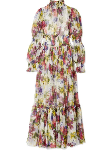 Dolce & Gabbana - Smocked Floral-print Silk-chiffon Maxi Dress - Ivory | NET-A-PORTER (US)