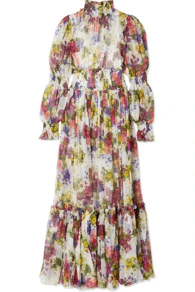 Dolce & Gabbana - Smocked Floral-print Silk-chiffon Maxi Dress - Ivory | NET-A-PORTER (US)