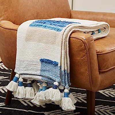 Amazon Brand – Rivet Global Textured 100% Cotton Throw Blanket With Large Tassels, Blue and Whi... | Amazon (US)