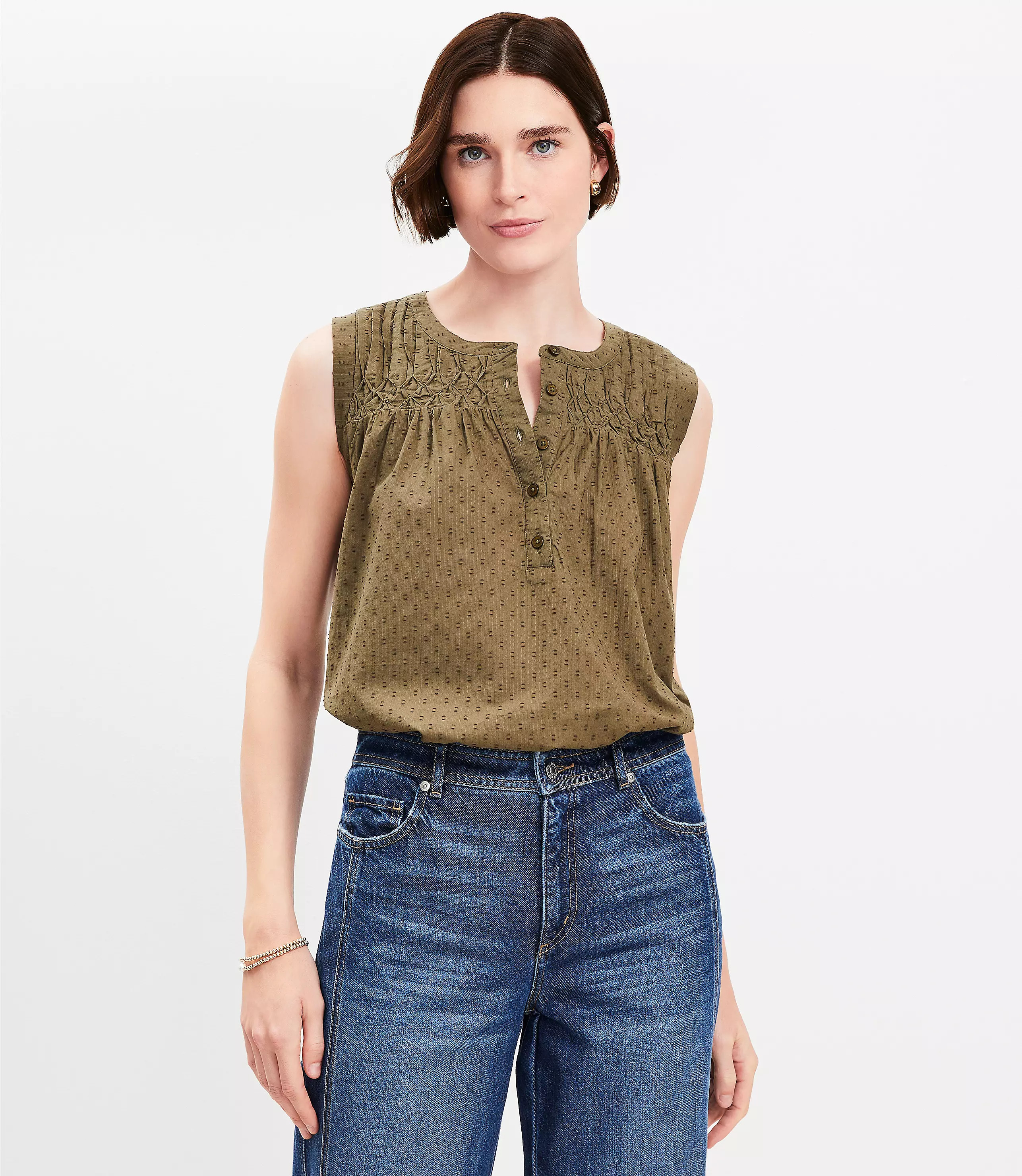 Pleated Yoke Mixed Media Top | LOFT