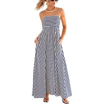 CUPSHE Womens Summer Maxi Dress Casual Sleeveless Square Neck Striped Beach Long Dress with Pocke... | Amazon (US)
