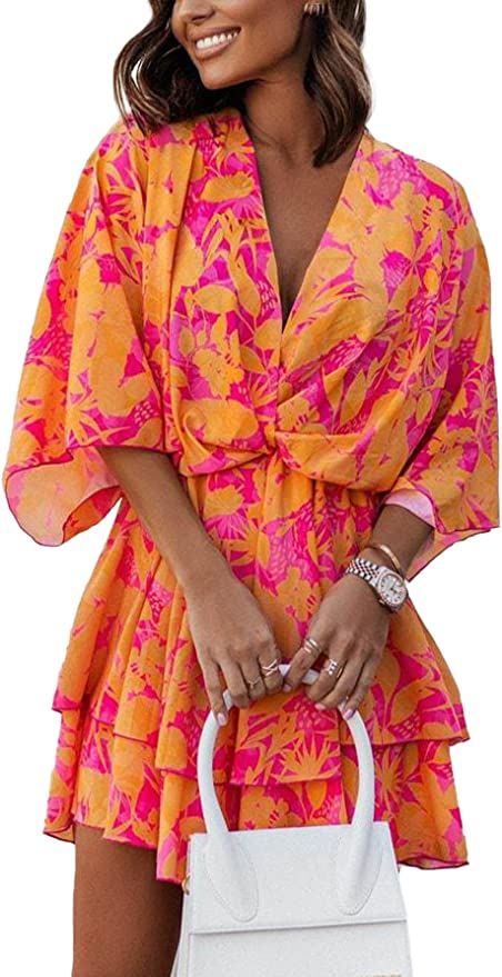 Vrtige Women's Floral Wrap V Neck Batwing Half Sleeve Ruffle Hem A Line Mini Dress | Amazon (US)
