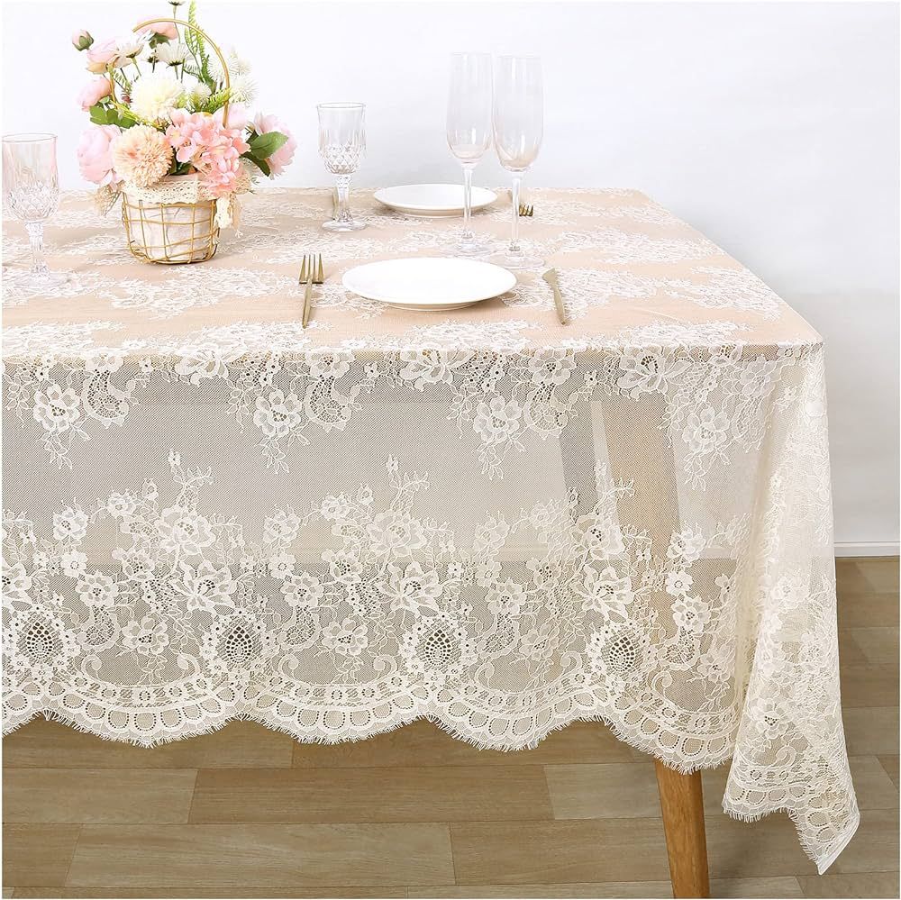 Fanqisi Ivory Lace Tablecloth 60x120 Inches Classic Wedding Lace Tablecloths Overlay Party Table ... | Amazon (US)