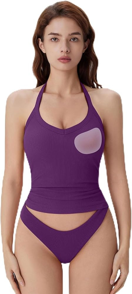 SUUKSESS Halter Tank Top for Women with Built in Bra Cotton Ribbed V Neck Cami | Amazon (US)