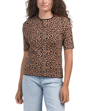 Leopard Jacquard Crew Neck Elbow Sleeve Sweater | TJ Maxx