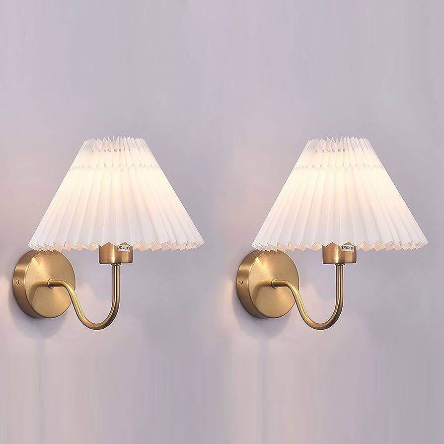 IBalody Wall Sconces Sets of 2, Pleated Fabric Wall Lamp Gold Bedside Wall Light Bathroom Dresser... | Amazon (US)